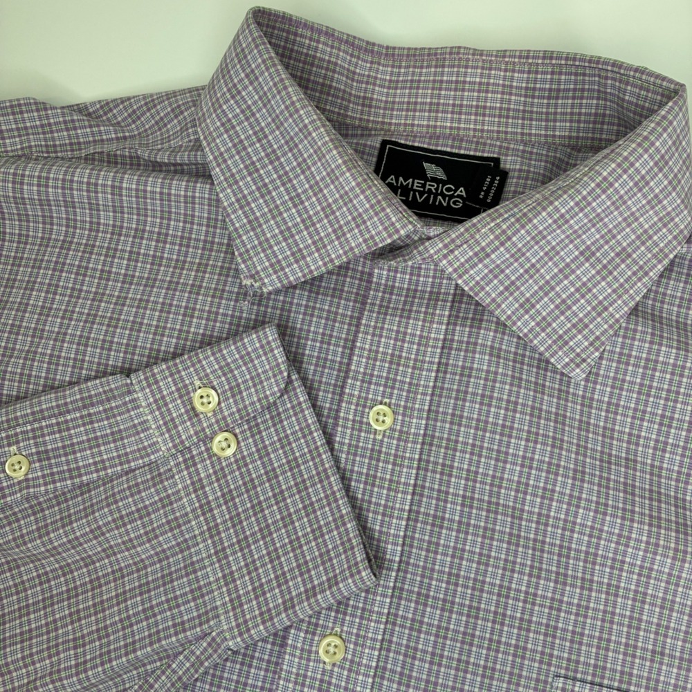 America Living Mens Purple Plaid Regular Fit Wrinkle Free Shirt 18 34/35